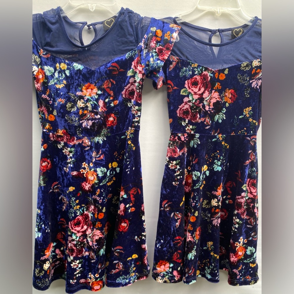 Twin girls pair of blue velvet floral dresses